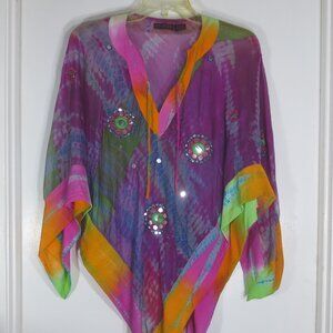 NEW New Identity Rainbow Poncho Sheer Tie Dye Embroidered Coverup Women's OS